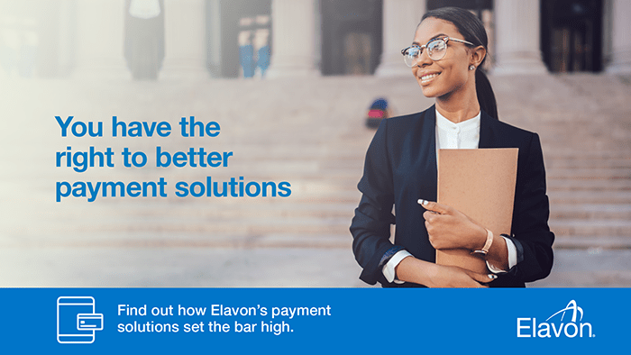 Woman lawyer standing in front of an official building. You have the right to better payments solutoins. find out how Elavon's payment solutions set the bar height. Elavon logo