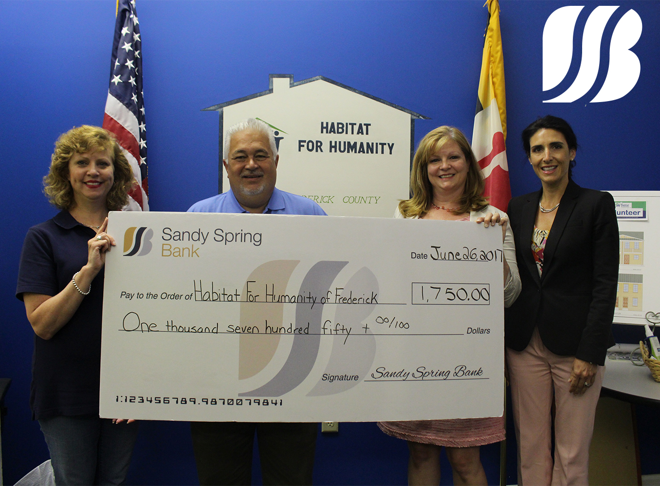 Sandy Spring Bank Presents $1,750 to Habitat For Humanity of Frederick