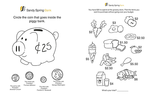 Kids Financial Coloring sheets. Sandy Spring Bank