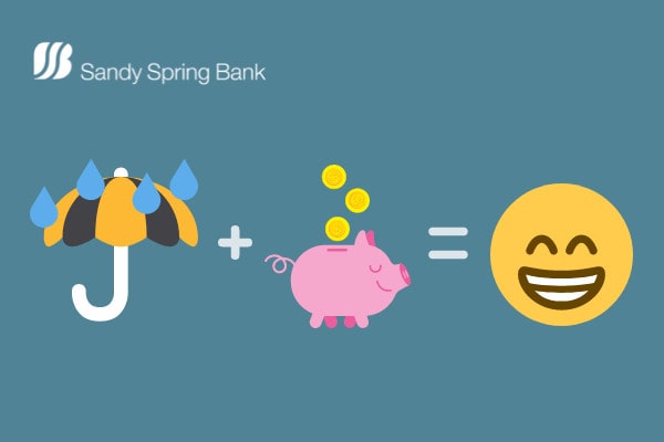 Rainy day graphic with umbrella + piggy bank = happy face Sandy Spring Bank