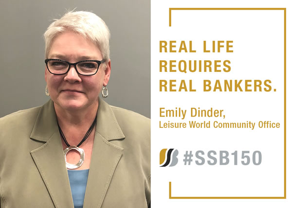Picture of Sandy Spring Bank Emily Dinder. Real Life Requires Real Bankers. Emily Dinder, Leisure World Community Office. SSB Icon #SSB150.