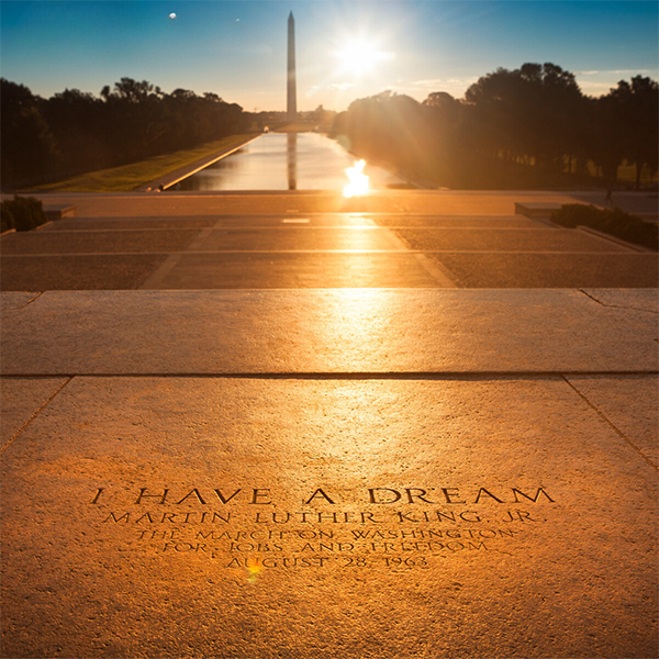 Washington Monument and reflecting pool. Martin Luther King, Jr. quote "I have a dream" 