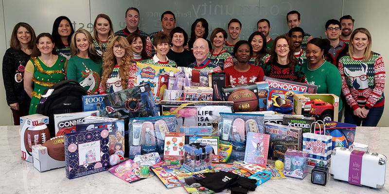 Sandy Spring Bank employees and toys collected. Season of Sharing 2019. 