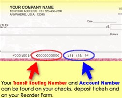 Your Transit Routing Number and Account Number can be found on your checks, deposit tickets and on your Reorder Form.