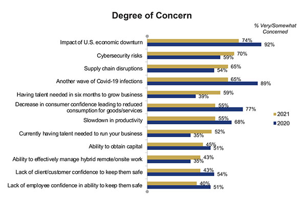 According to the Sandy Spring Bank Small Business Report, cybersecurity risks and supply chain disruptions recorded a higher degree of concern vs. last year. 