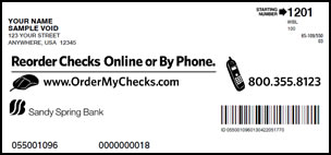 To reorder checks you will need your Sandy Spring Bank account number and routing and transit number: 055001096. Harland Clarke Order My Check Web Site is  www.ordermychecks.com or you can call 800.355.8123 </p>

If you prefer you can call Harland Clarke at 800.355.8123.