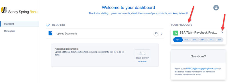 Welcome to your dashboard. Upload Documents section and Your Products section.