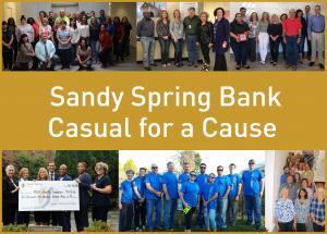 Sandy Spring Bank Causal for a Cause Showing five pictures of employees participating by donating to wear jeans one friday a month. Casual for a Cause raised $2,173.90 for MGH Health Foundation 